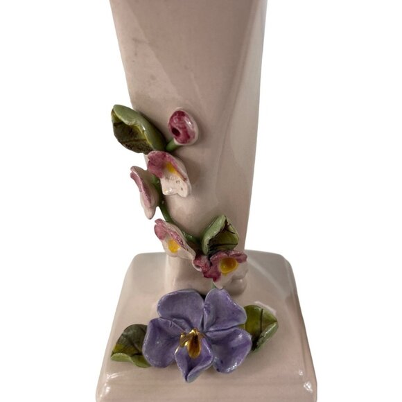 Vintage 1950s Set of 2 Pink/Gold Bud Vases w/ Applied Flowers Darvill LA Cali - Picture 2 of 13